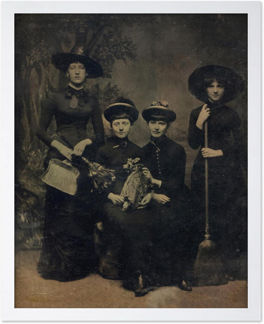 Poster Master Vintage Photograph Poster - Retro Halloween Print - Gift for Artist, Friend - Four Witches Wearing Robes, Sabbath, Coven, Sorcery - Wall Decor for Home, Office, 11x14 White Framed