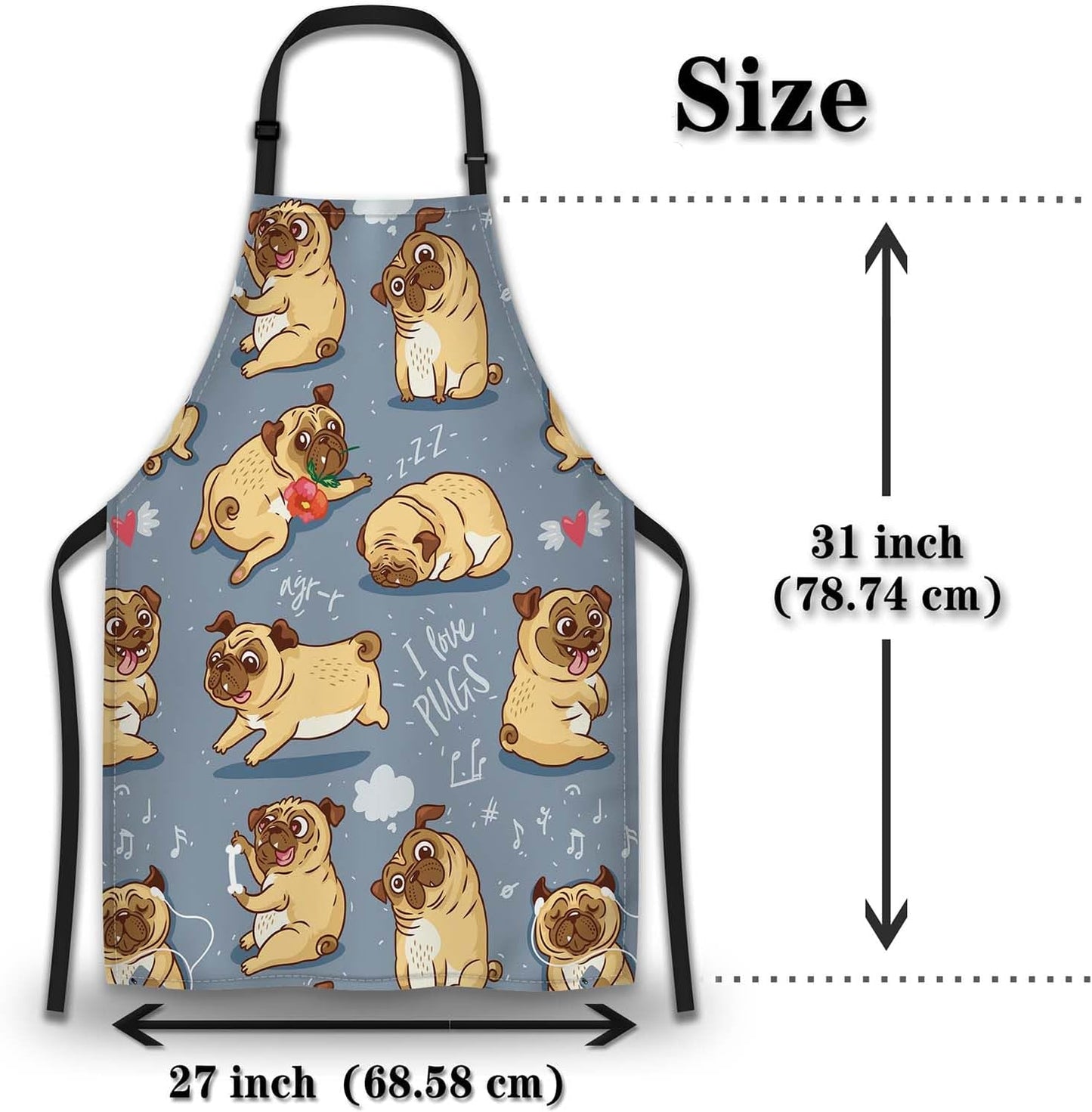Paint Apron for Men Pug Puppies Dog Cartoon Bull Terrier Funny Aprons for Women for Kitchen Cooking Restaurant BBQ Painting Crafting Gardening 27” (W) x 31” (H), Waterproof Aprons