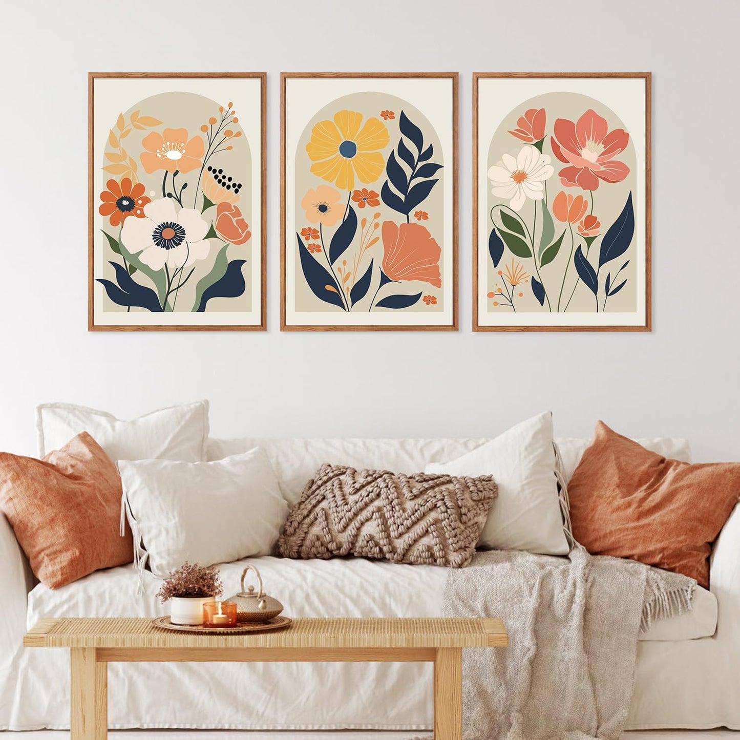 KAIRNE Boho Canvas Wall Art,Abstract Floral Wall Decor,Modern Minimalist Prints Set of 3(16”X24”),Botanical Wall Art Paintings,Bohemian Mid Century Artwork for Living Room Bedroom Office Decor,Framed