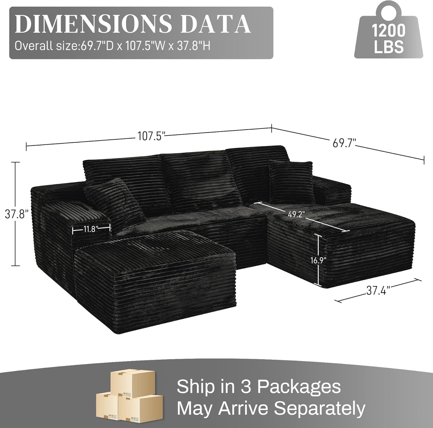 Modular Sectional Sofa Cloud Sectional Couch, 107" Comfy Fluffy U Shaped Black Couches for Living Room, Deep Seat Memory Foam Plush Corduroy Boneless Couch Sectionals with Right Facing Chaise Sofa