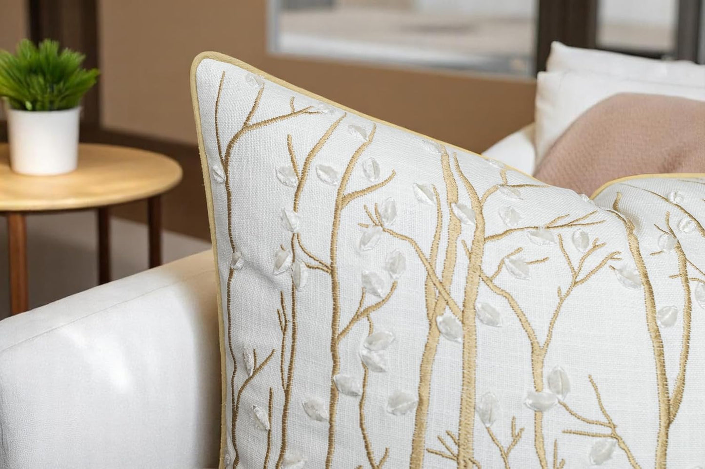 VAGMINE Embroidered Forest Throw Pillow Cover - 20x20 Inches Square - 100% Cotton Ivory Decorative Cushion Cover - Elegant Embroidery - Rustic Home Accent for Sofa, Bed, Couch, Farmhouse Décor