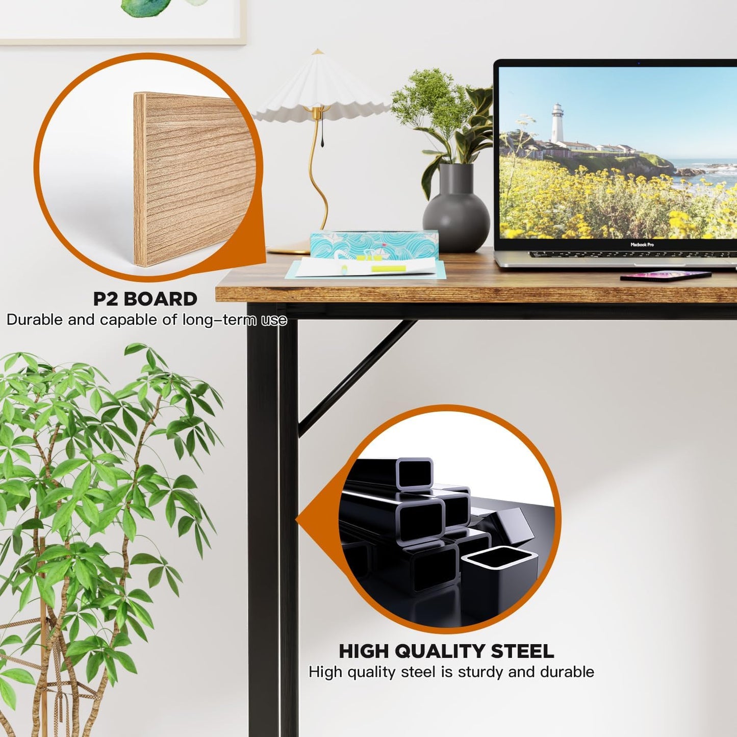 PayLessHere | 32 Inch Computer Desk | Brown | Office Desk with Metal Frame, Adjustable Feet | Water-Resistant, Scratchproof Surface | Sturdy Writing Table for Home Office or Study | Pack of 2