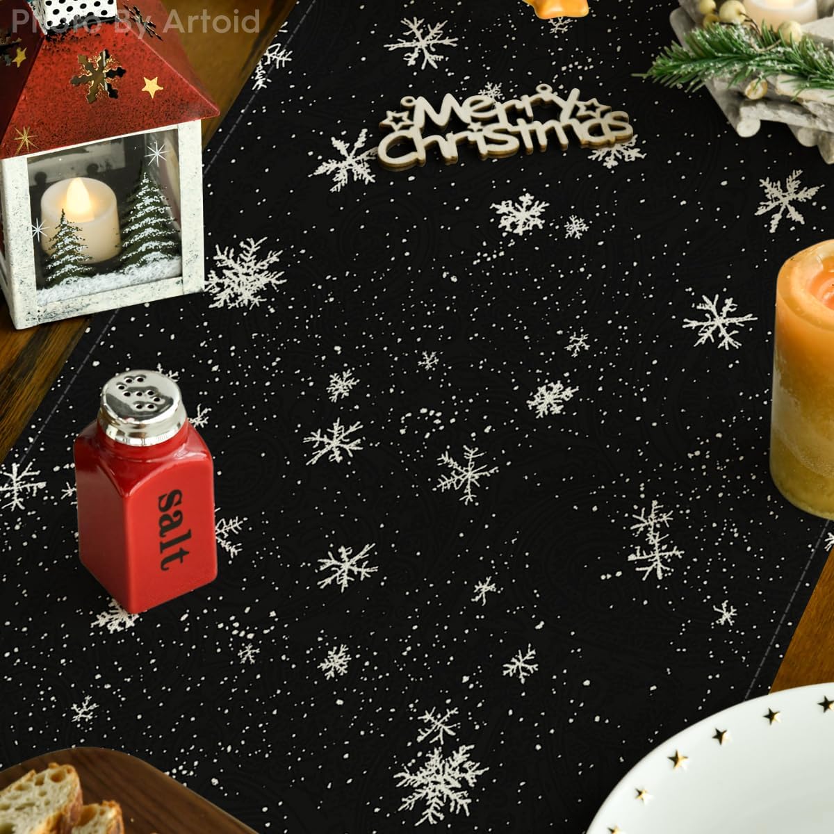 Artoid Mode Snowman Birds Trees Christmas Table Runner, Seasonal Black Winter Holiday Kitchen Dining Table Decoration for Home Party Decor 13 x 90 Inch