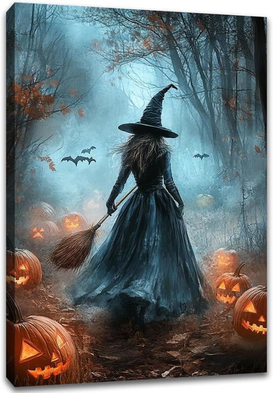 Vintage Moody Halloween Witch Artwork Wall Decor,Spooky Halloween Gothic Canvas Artwork Creepy Horror Witch with A Broom Pumpkin Bats Rustic Forest Picture,Dark Academia Poster,24"x36" Framed