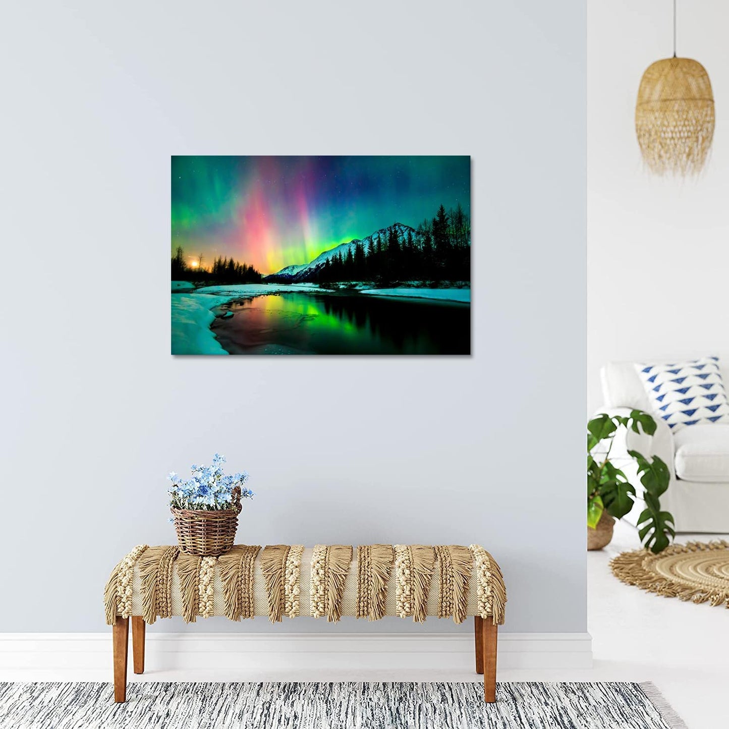 Aurora Borealis Canvas Wall Art Northern Lights Canvas Print Painting for Living Room Snowy-Mountains-Landscape Poster Picture Wooden Framed Prints Ready to Hang (20.00"x30.00")