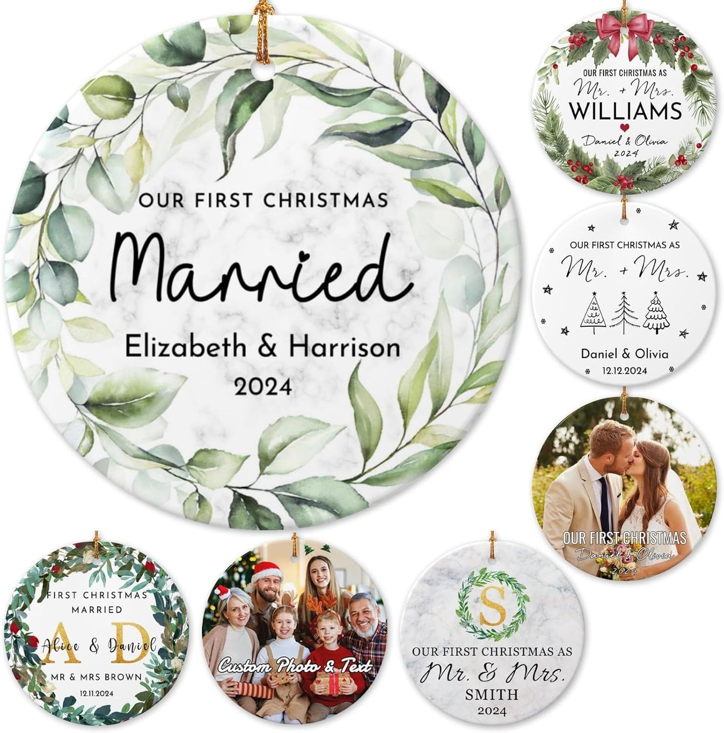 Personalized First Christmas Married Ornament 2025 Custom Mr and Mrs Wedding Christmas Ornaments with Name Date for Couples,Double-Sided Ceramic Customized Engagement Ornament