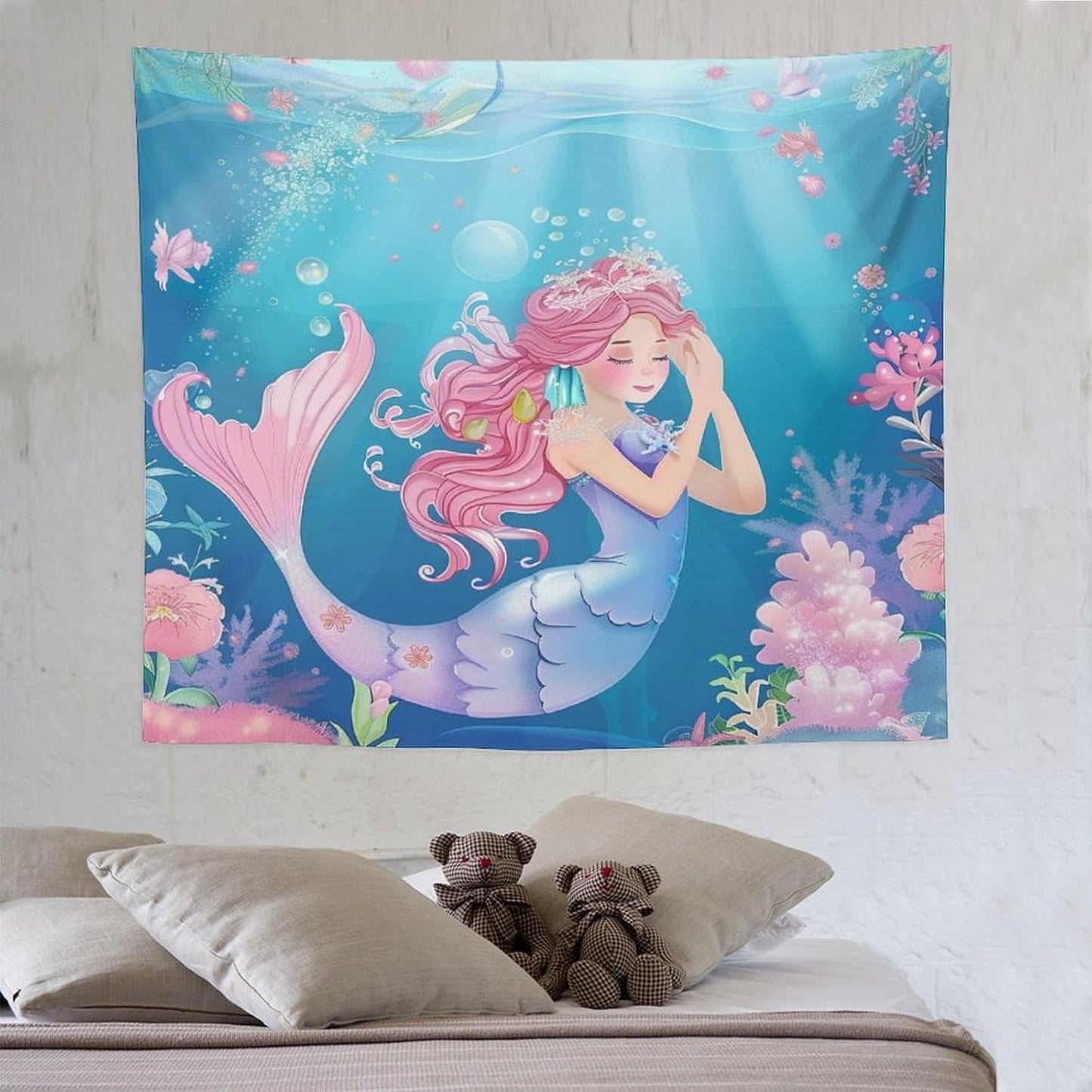 HZOHNAGO Mermaid Girls Tapestry Watercolor Flowers Mermaid Princess Blessing Pattern for Kids Room Decoration Printed Wall Tapestry Wall Hanging for Bedroom Living Room Dorm 60" W x 50" H