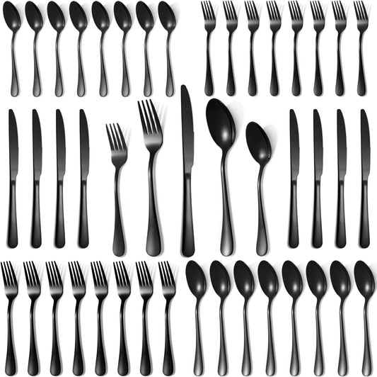 Lazycorner 40 Pcs Black Silverware Set for 8, Mirror Polished Flatware Set Stainless Steel Fork Knife Spoon, Food Grade Eating Utensils Sets, Reusable Silverwear Cutlery Set, Dishwasher Safe