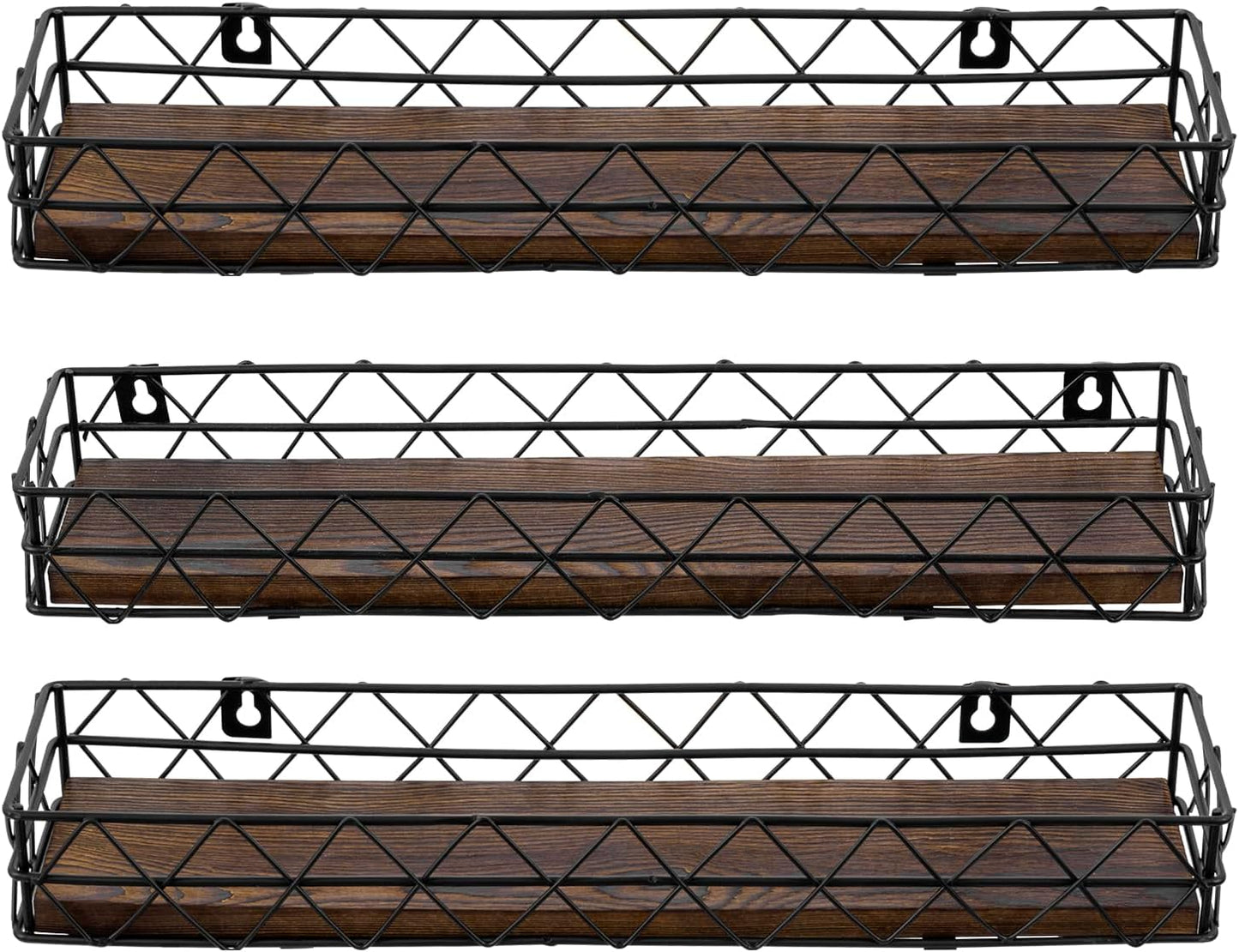 MyGift 14 Inch Wall Mounted Kitchen Spice Racks, Rustic Burnt Solid Wood and Black Metal Wire Geometric Hanging Organizers for Seasoning Jars or Condiment Bottles, Set of 3