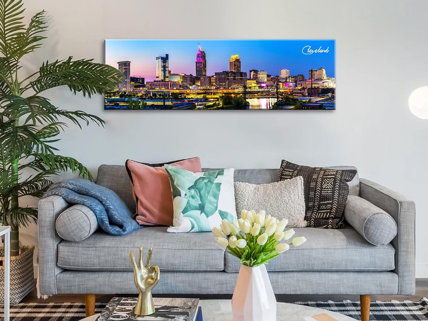 Cleveland Skyline Wall Art Colorful Canvas Prints Night View Ohio USA Cityscape Panoramic City Building Painting for Bedroom Office Decor Framed and Ready to Hang 13.8"x45.3"
