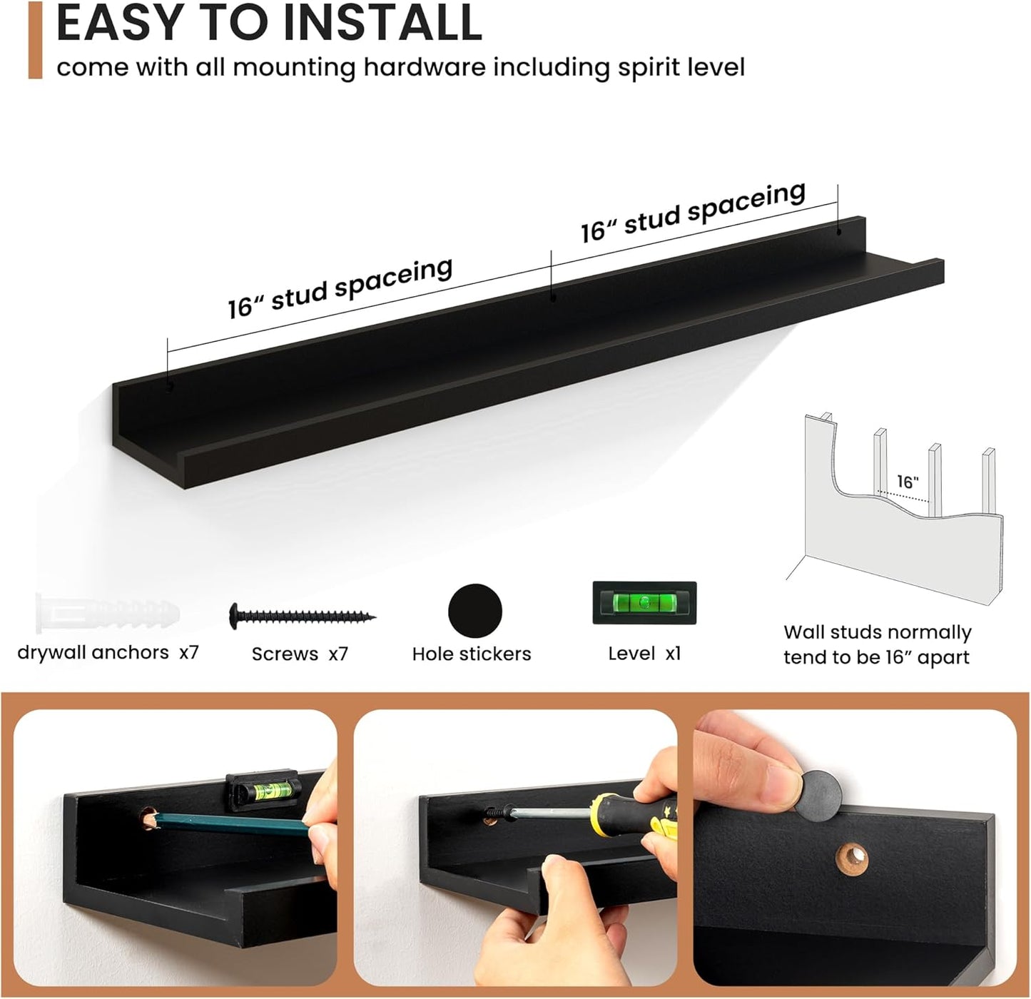 Fun Memories Picture Ledge Shelves Set of 2, 36 Inch Rustic Wall Mounted Floating Shelves with Lip for Home Storage and Décor in Bathroom, Kitchen, Nursery, Bedroom, Living Room, Black