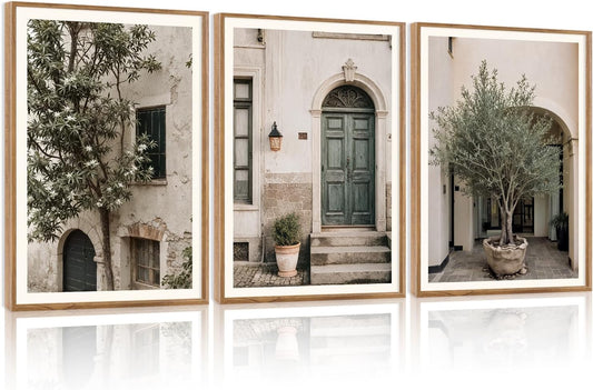 HPNIUB Large Vintage Italy City Landscape Framed Canvas Wall Art Set, Olive Green Tree Country Wall Decor, Modern Minimalist Countryside Villages Picture for Living Room,Bedroom,Office-16 x24 x3