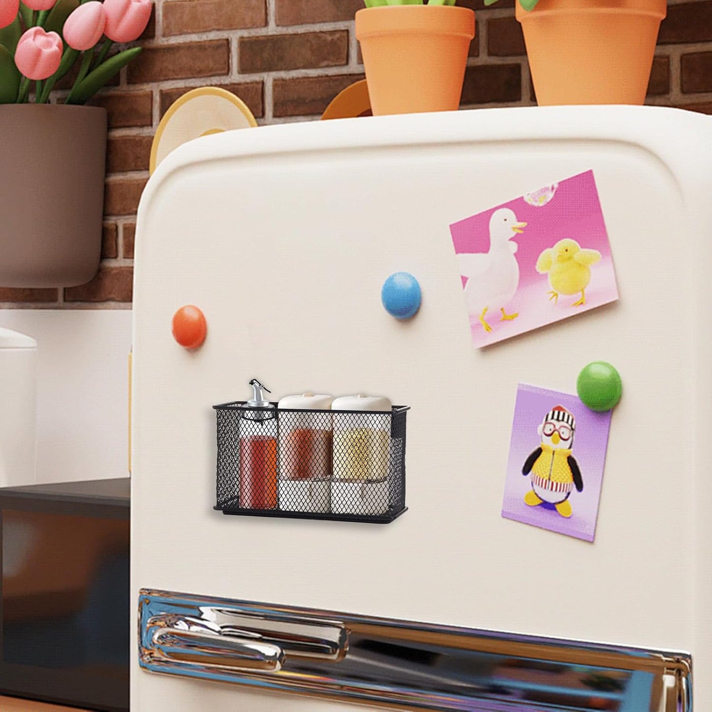 Wire Mesh Storage Baskets Organizer Black Magnetic Basket with 5 Strong Magnets, Magnetic Organizer Holder for Refrigerator Locker Whiteboard Office,Home 6.29'' × 2.28'' × 3.54''，4 Pack