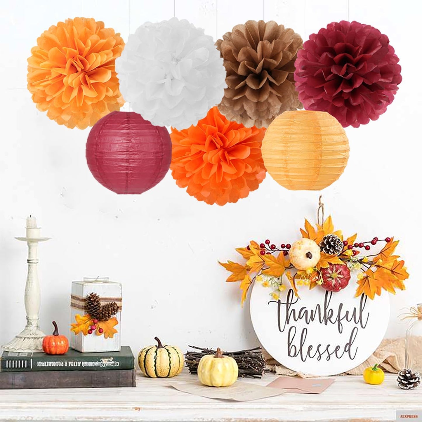 Brown Burgundy-Orange Party-Decorations Paper-Flowers Lanterns - 15PCS Fall Boho Tissue Pom Poms Streamers,Baby Bridal Shower Rustic Wedding Neutral Birthday Coffee Halloween ThanksgivingDecor Hugfond