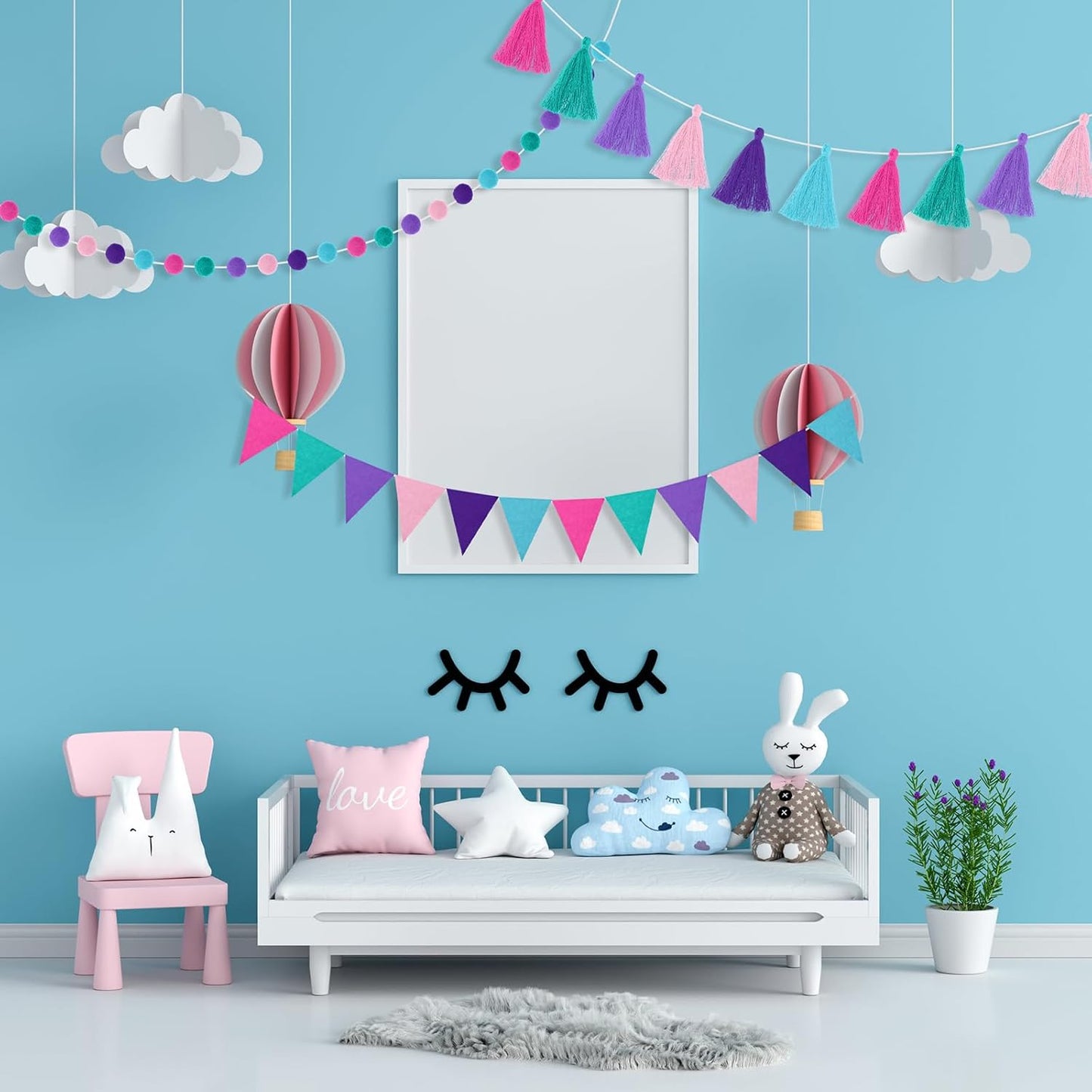 Irenare 9.8 ft Pom Pom Garland Felt Colorful Tassel Banner Christmas Party Pompoms Garland Decorations Felt Pennant Banner for Classroom Home Mantel Fireplace Birthday(Mermaid Colors)