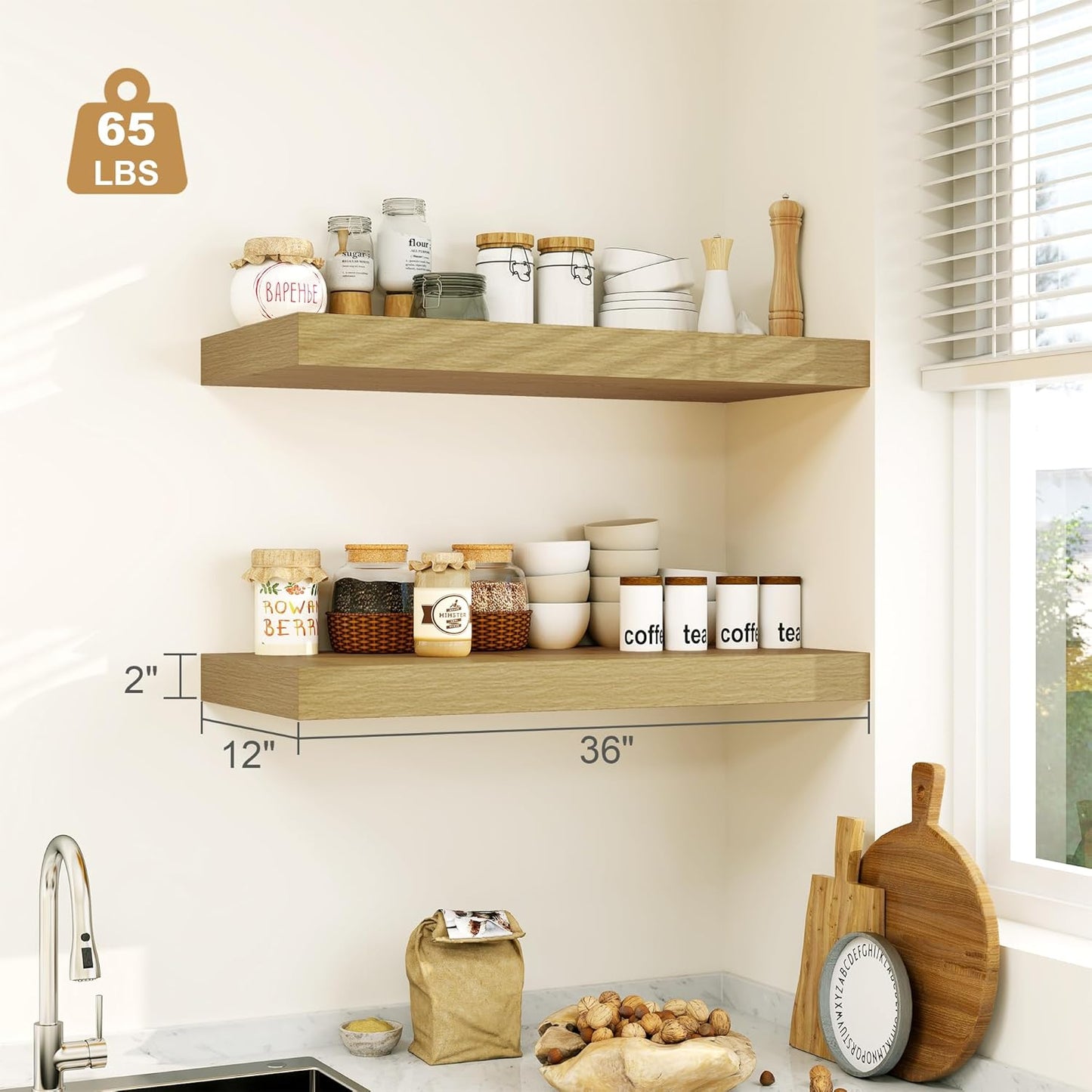 12" Deep Oak Floating Shelves,Over Toilet Long Wall Mounted Modern Farmhouse 36 inches,Wall Shelves with Invisible Brackets for Bedroom, Bathroom, Living Room, Kitchen, Set of 1