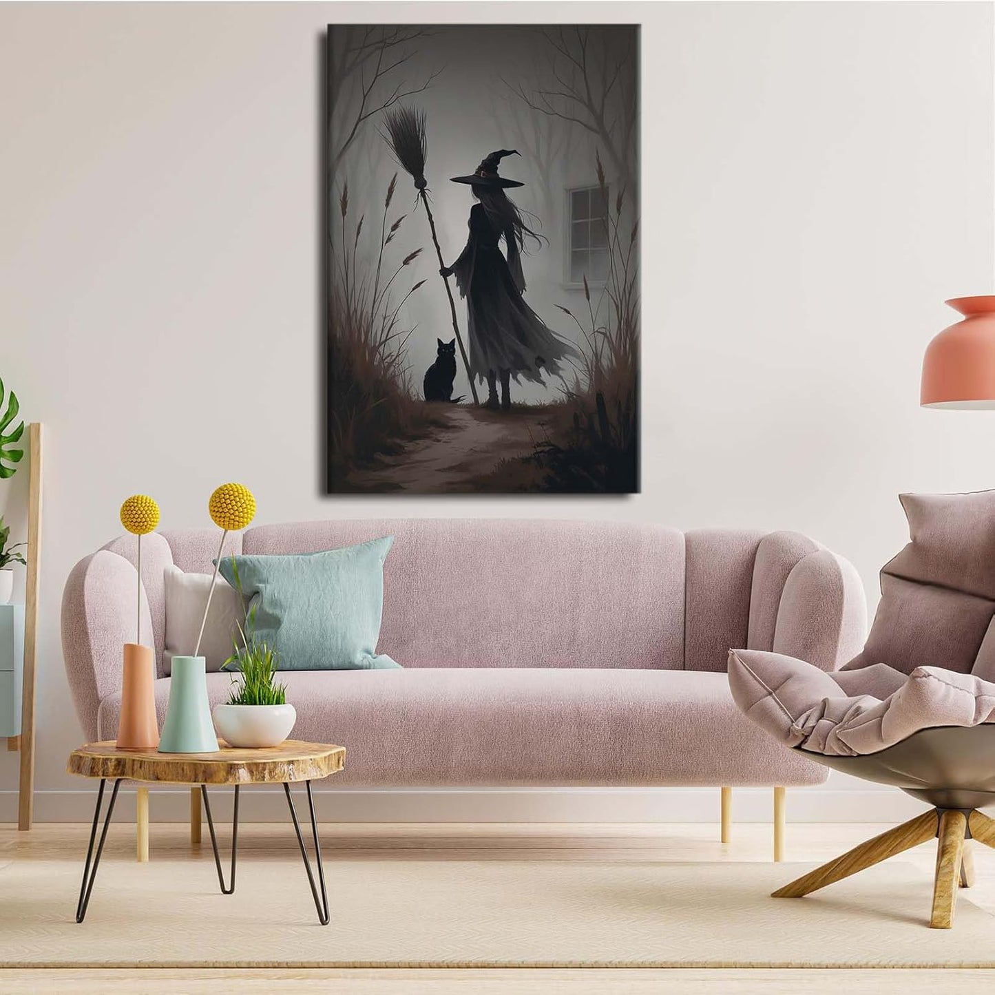 Vintage forest witch and black cat poster Halloween mural poster decoration mural art magic suitable for home living room bedroom28x40in Wood Framed