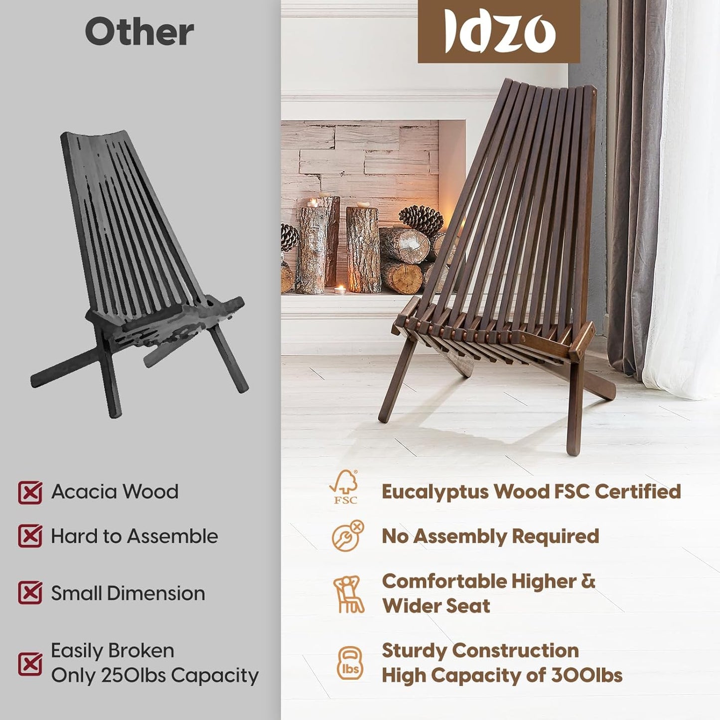 IDZO Elina FSC Eucalyptus Tamarack Chairs, 300Lbs Capacity Modern Adirondack Style, Wooden Folding Seats, for Fire Pit Outdoor & Indoor - Cinnamon, Set of 2