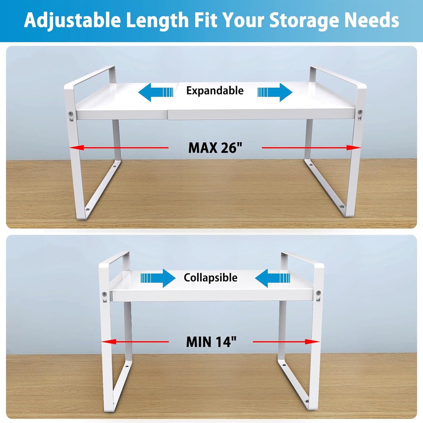 9'' Wide Expandable Cabinet Shelf Organizer Rack Adjustable Length 14''-26'' Pantry Shelf Spice Rack Heavy Duty Nonslip Kitchen Counter Storage Shelves Pantry Cupboard Under Sink Countertop White