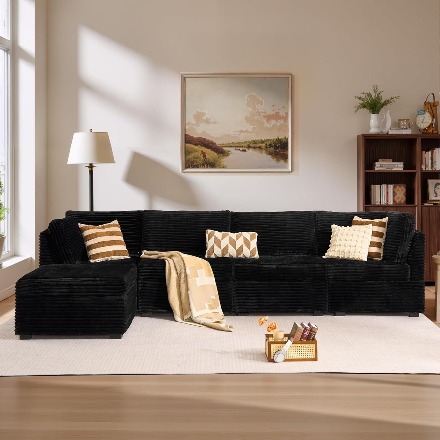 ovios Sectional Sofa Couch with L-Shape Chaise Ottoman, Comfy Modular Cloud Couches with Deep Seat, Modern Upholstered Plush Corduroy Sofas Set for Living Room, 5-Seater, Black