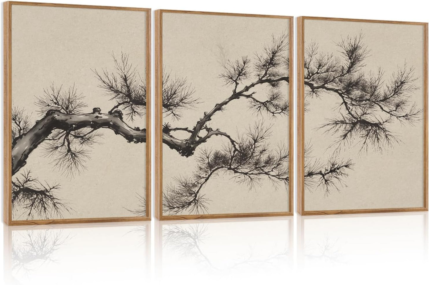HPNIUB Vintage Sketch Pine Tree Framed Canvas Wall Art Set, Brown Antique Tree Branch Wall Decor, Nature Botanical Art Print, Modern Landscape Pictures for Living Room, Bedroom, Office- 16 x24 x3