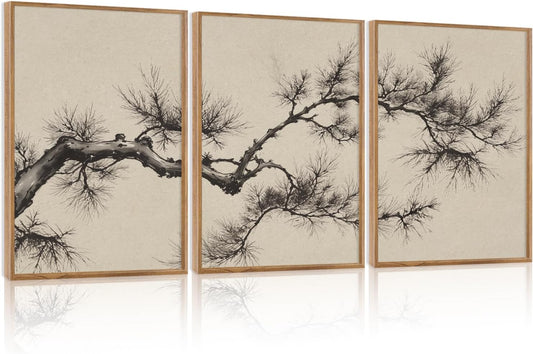 HPNIUB Vintage Sketch Pine Tree Framed Canvas Wall Art Set, Brown Antique Tree Branch Wall Decor, Nature Botanical Art Print, Modern Landscape Pictures for Living Room, Bedroom, Office- 16 x24 x3