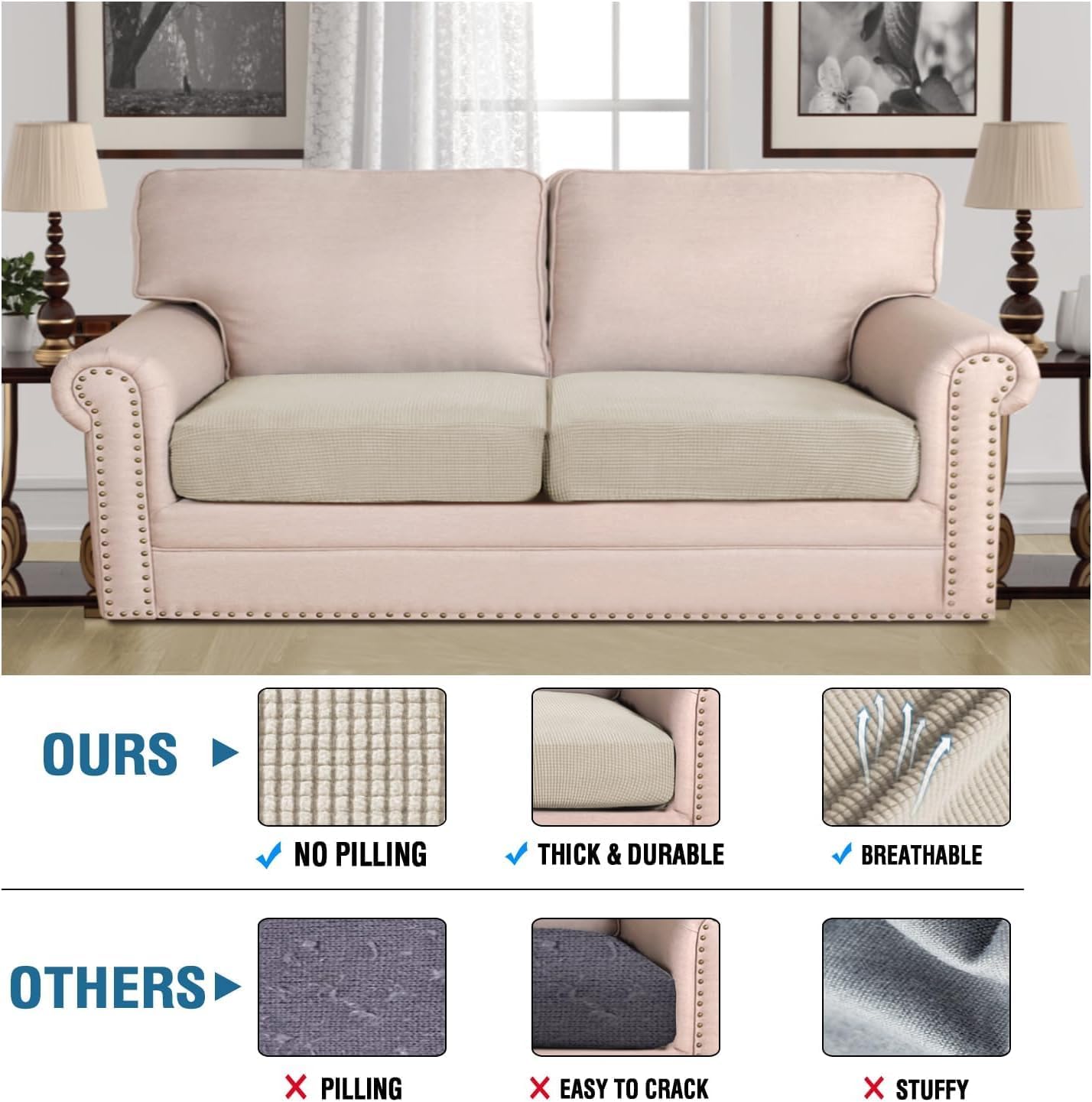 H.VERSAILTEX Super Stretch Individual Seat, Sofa Covers Couch , cushion covers Slipcover Sets Thick Jacquard Textured Twill Fabric (2 Piece Large Sofa cushion covers, Island Fossi)