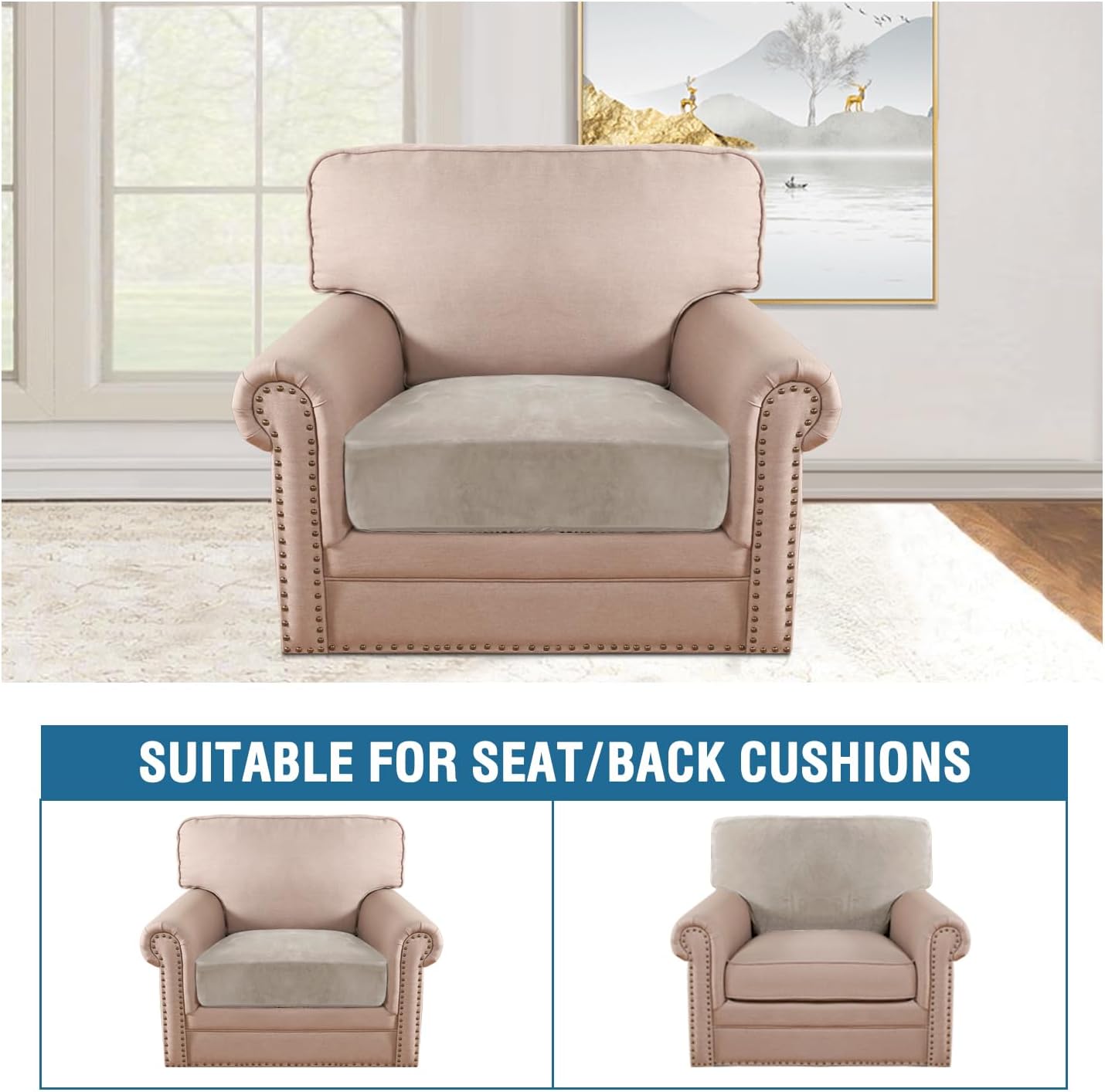 H.VERSAILTEX Velvet Stretch Couch Cushion Cover Plush Cushion Slipcover for Chair Cushion Furniture Protector Seat Cushion Sofa Cover (1 Piece Armchair Cushion Covers, Oatmeal)