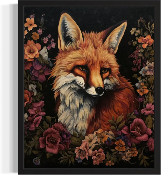 Fox and Flower Poster Art Print, Halloween Scary Vintage Wall Art Academia Spooky Painting Decoration for Horror Prints, Gothic Posters Bedroom Decor 89 (Fox and Flower, 8 x 10 inches, Black Frame)