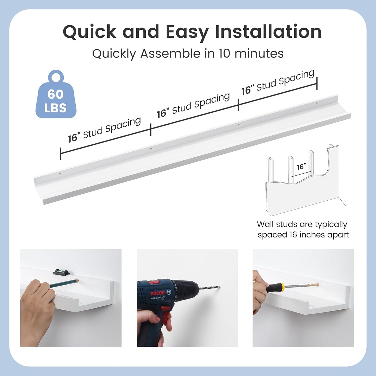 Picture Ledge Shelf for Wall, 56 inches Solid Pine Wood Nursery Book Shelves 3 Packs, Floating Ledge Shelves for Kids' Room Bedroom Bathroom Long Floating Shelves for Wall Nursey Wall Decor, White
