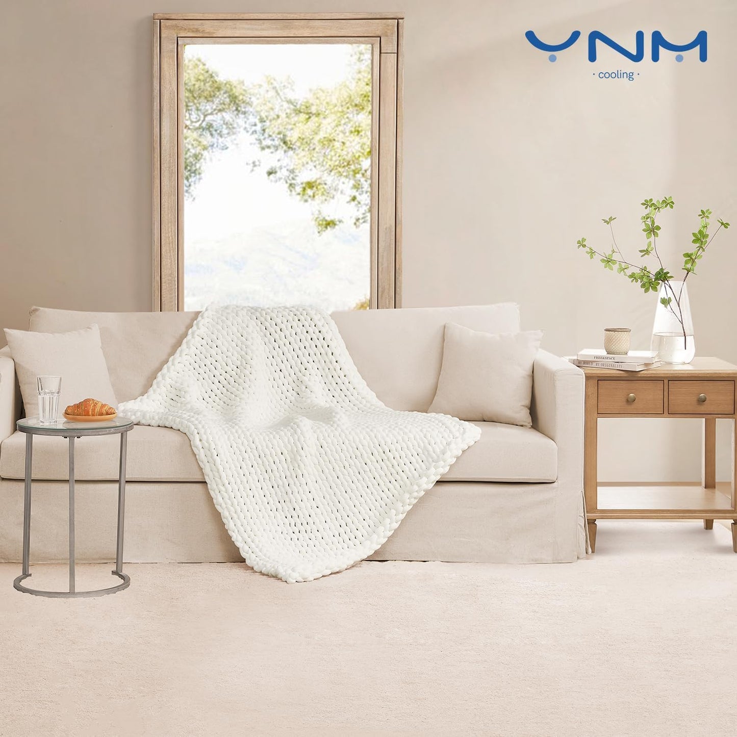 YnM Cooling Chunky Throw Blanket, Medium-Weight, Hand Knitted, Skin Friendly, Ventilated and Breathable, Machine Washable, Home Décor Piece for Couch, Sofa and Bed (White, 40x50 Inch)
