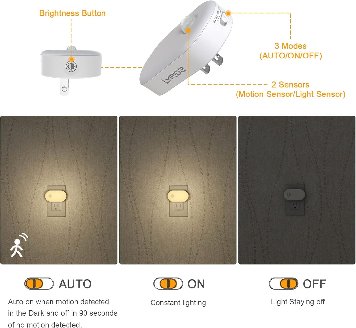 Lyridz Plug in Night Light with Motion Sensor, Smart Warm White LED Nightlights with 1-120LM Stepless Adjustable Brightness for Bathroom, Bedroom, Kitchen, Stairs, Hallway, 6 Pack