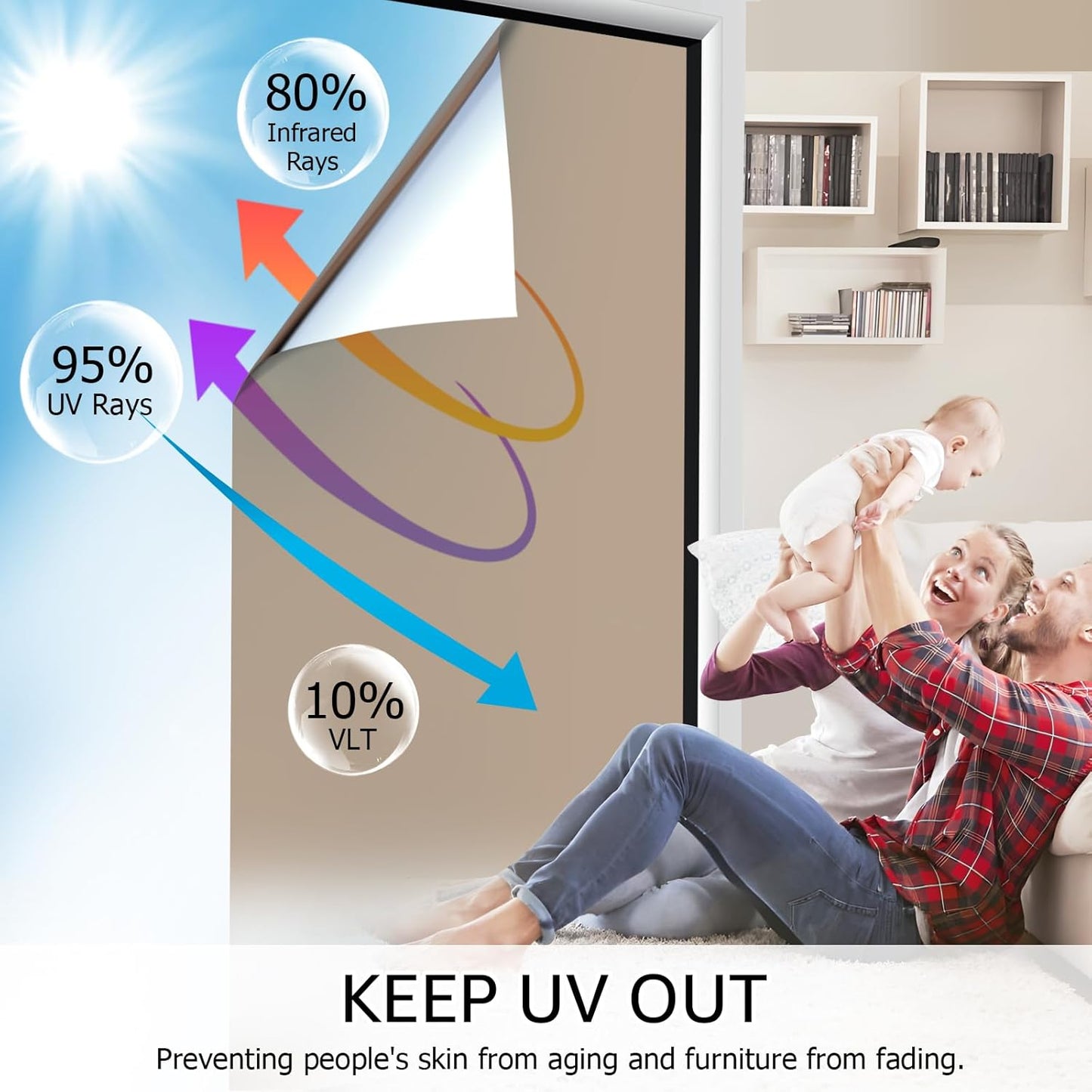 HIDBEA One Way Mirror Window Film, Daytime Privacy Sun Blocking Reflective Window Film Static Cling Heat Control Window Tinting Film for Home and Office, Brown Silver, 35.4 x 78.7 Inch