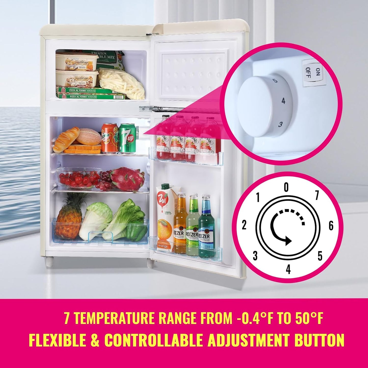 Retro Mini Fridge 3.5 Cu.ft Small Refrigerator with Top Freezer Compact Fridge Apartment Size Refrigerator Dual Door with Handles for Home Office Dorm