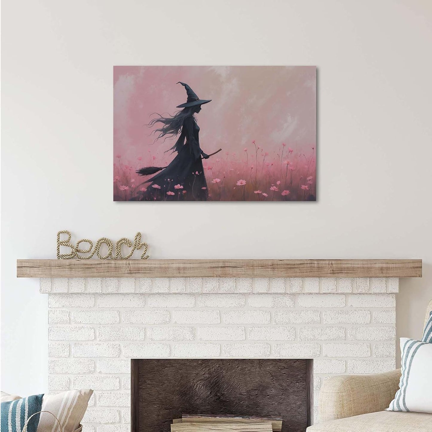 Witch in the pink sea of flowers Halloween prints weird flowers wall art silhouette painting fashionable romantic decoration suitable for bedroom24x36in Wood Framed
