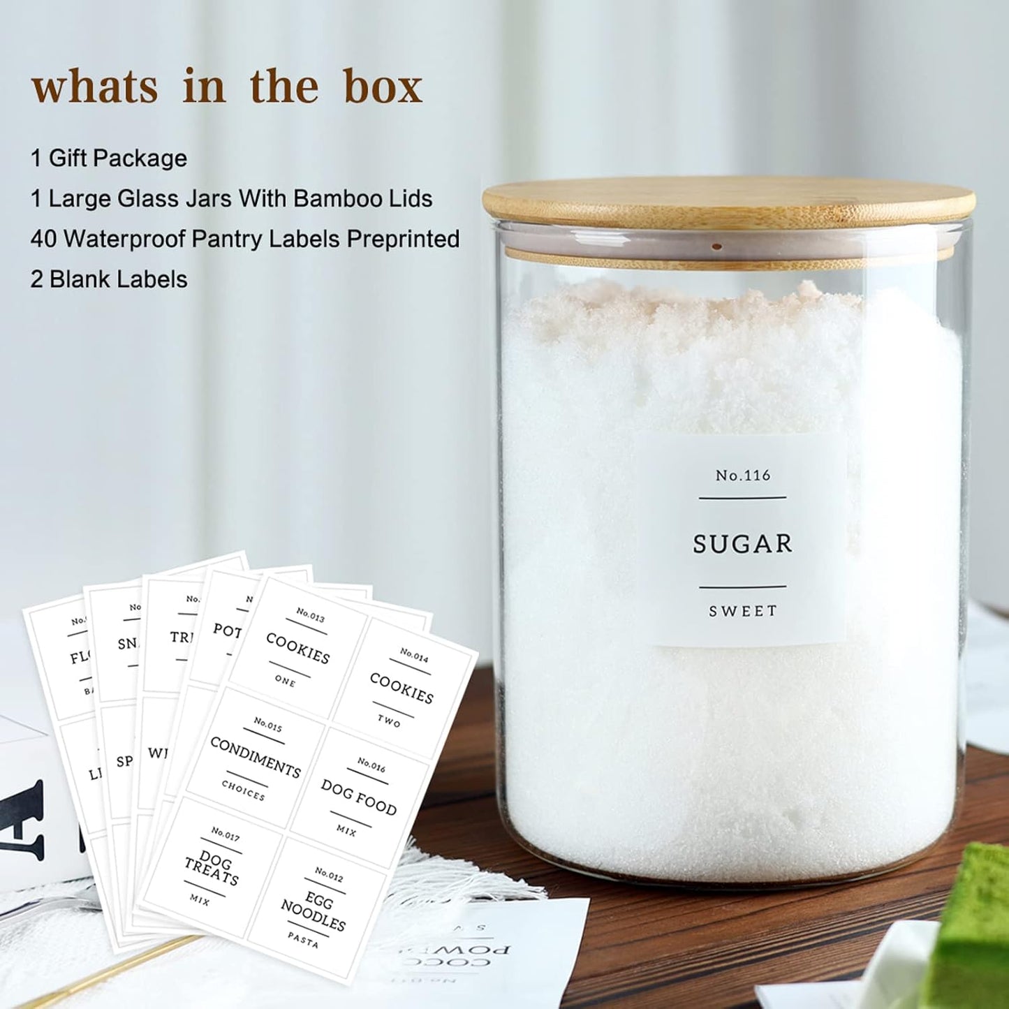 Large Glass Flour and Sugar Containers Jars with Bamboo Airtight Lid - 100 Fl Oz (3000ml) with Kitchen 42 Pantry Labels for Dry Food, Flour, Pasta, Cereal