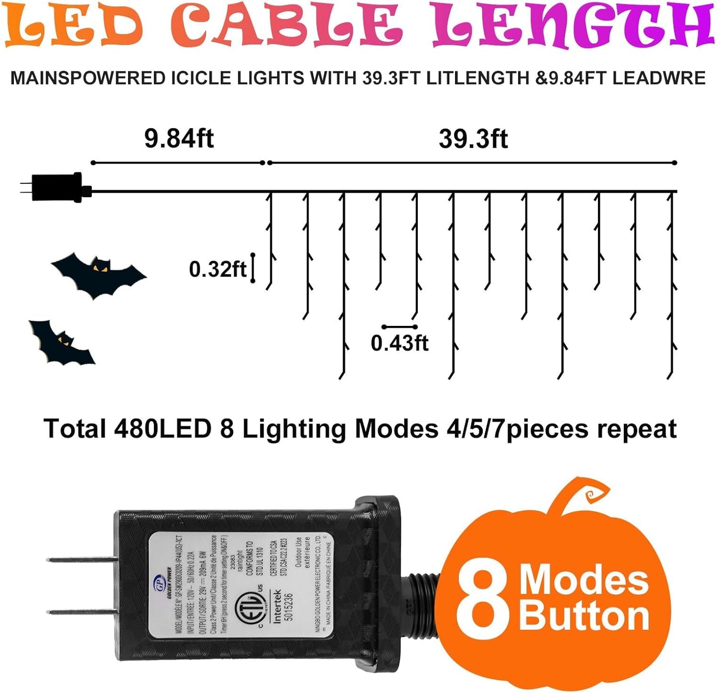 Heceltt Halloween Lights Outdoor, Orange and Purple 39FT 480LED Halloween String Lights with 90 Drops, 8 Modes Timer Memory Function, Night Light for House Roof Party Decor