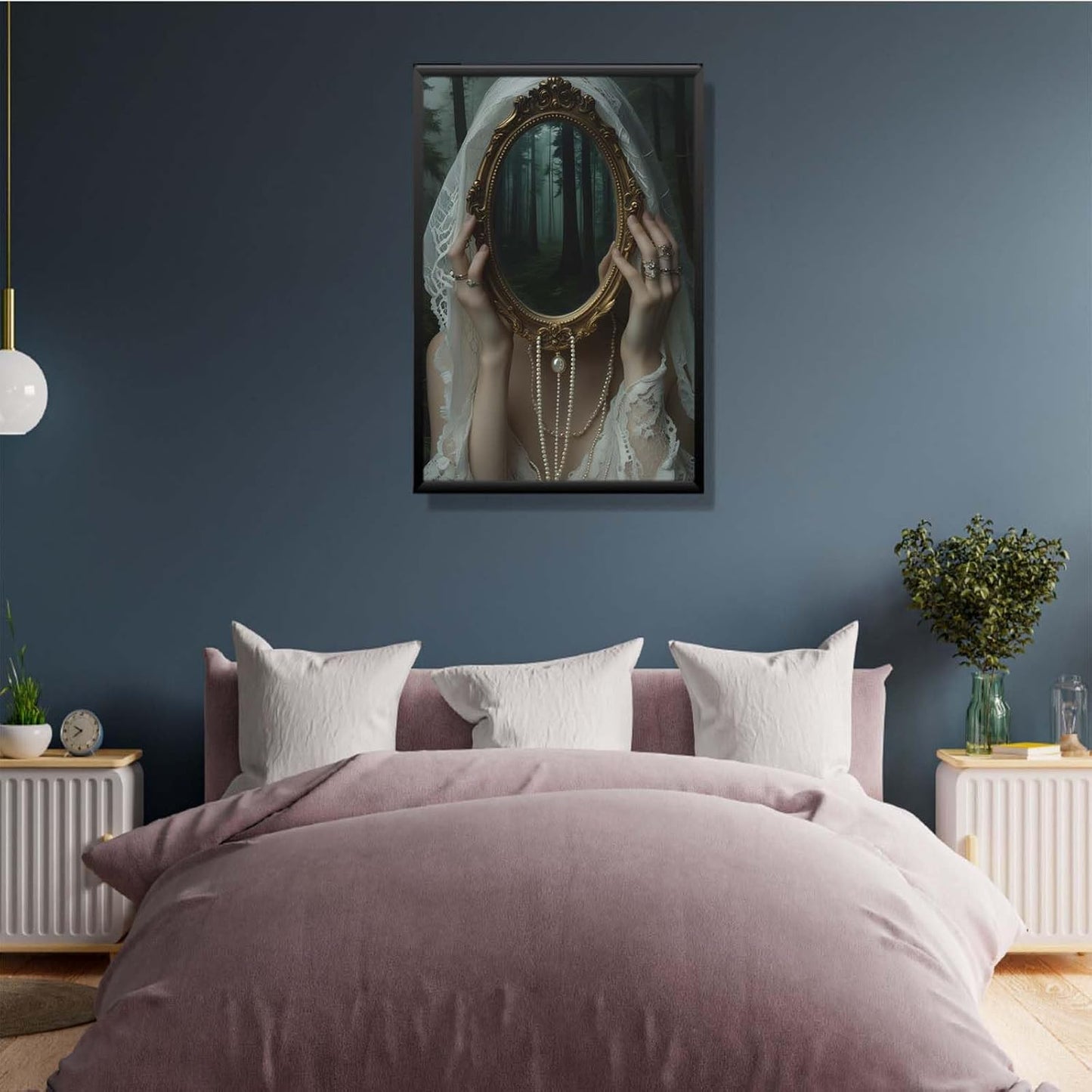 Mirror face covering dark art poster print melancholy gothic painting vintage feminine print victorian style decoration antique art24x36in Metal blackFramed