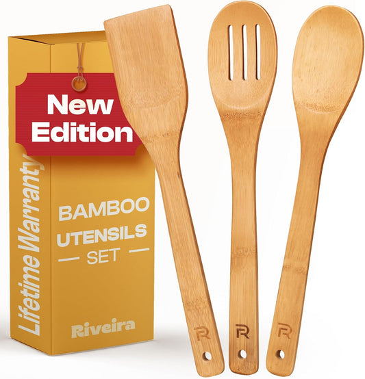 Riveira Bamboo Wooden Spoons for Cooking 3-Piece, Apartment Essentials Wood Spatula Spoon Nonstick Kitchen Utensil Set Premium Quality Housewarming Gifts for Everyday Use