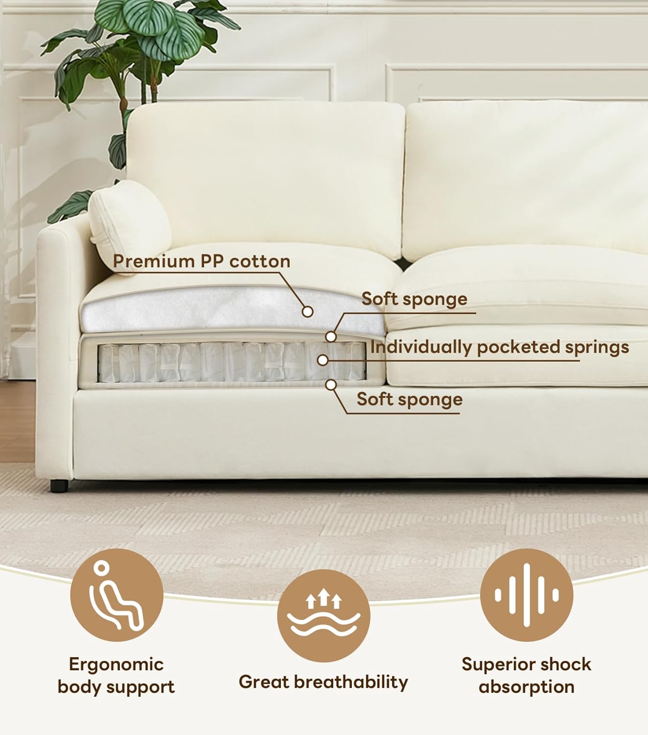 Tbfit Modern Couch Sofa, 89" Cloud Couch w/Pillows, Pocketed Spring Seat, Comfy 3-Seater Plush Foam Cushions, Chenille Fabric Removable Covers, Soft Upholstered Living Room Furniture Apartment, Beige