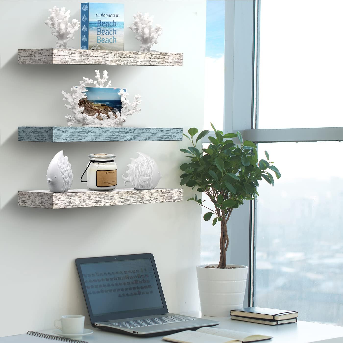 Sorbus Floating Shelves - 3 Pack 16 Inch Rustic & Blue Wall Shelves for Bedroom, Kitchen, Living Room, Bathroom Shelves, Home Decor, Office - Floating Shelf for Trophy, Books, Frames