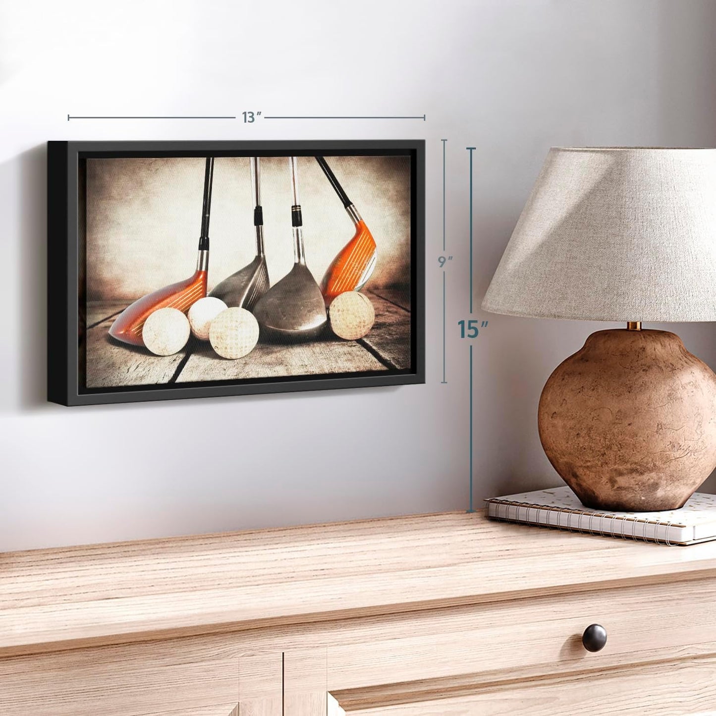 ElephantStock Golf Sets Wall Art - Horizontal Framed Canvas - 1-Piece Mancave Wall Decor - Photography Sports Canvas Print - Yellow and Brown Decor for Wall - 13" X 9"