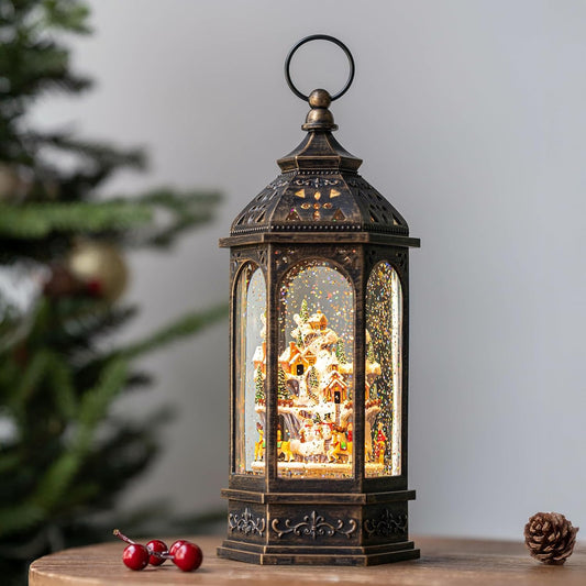 Animated Christmas Village Buildings with Moving Figurines Lighted Water Lantern, USB Lined/Battery Operated Snow Globe for Christmas Festival Decoration Gifts