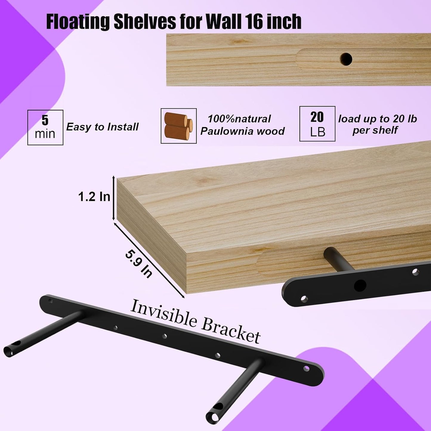 IAE Floating Wall Shelves 16 inch,Bathroom Shelves Wall Mounted,Invisible Shelves Floating Kitchen Shelves,Wooden Wall Shelves with Brackets for Living Room Wall Mounted,Easy Install,Set of 2,Natural