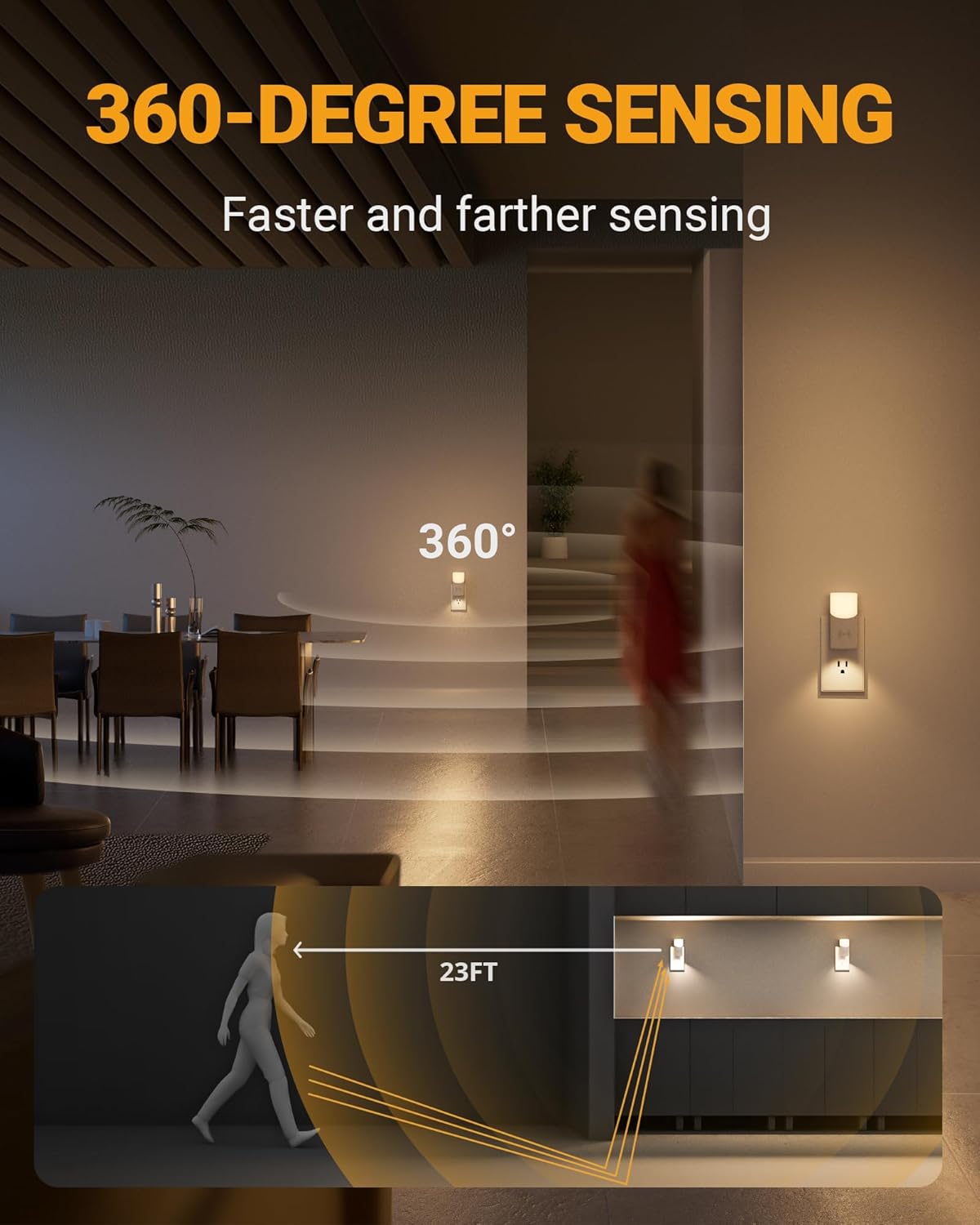 Lyridz LED Plug-in Night Light with 360° Motion Sensor, 1-150 Lumens Dimmable Nightlights Indoor for Bathroom, Bedroom, Hallway, Stairs, Pet House, 2 Pack