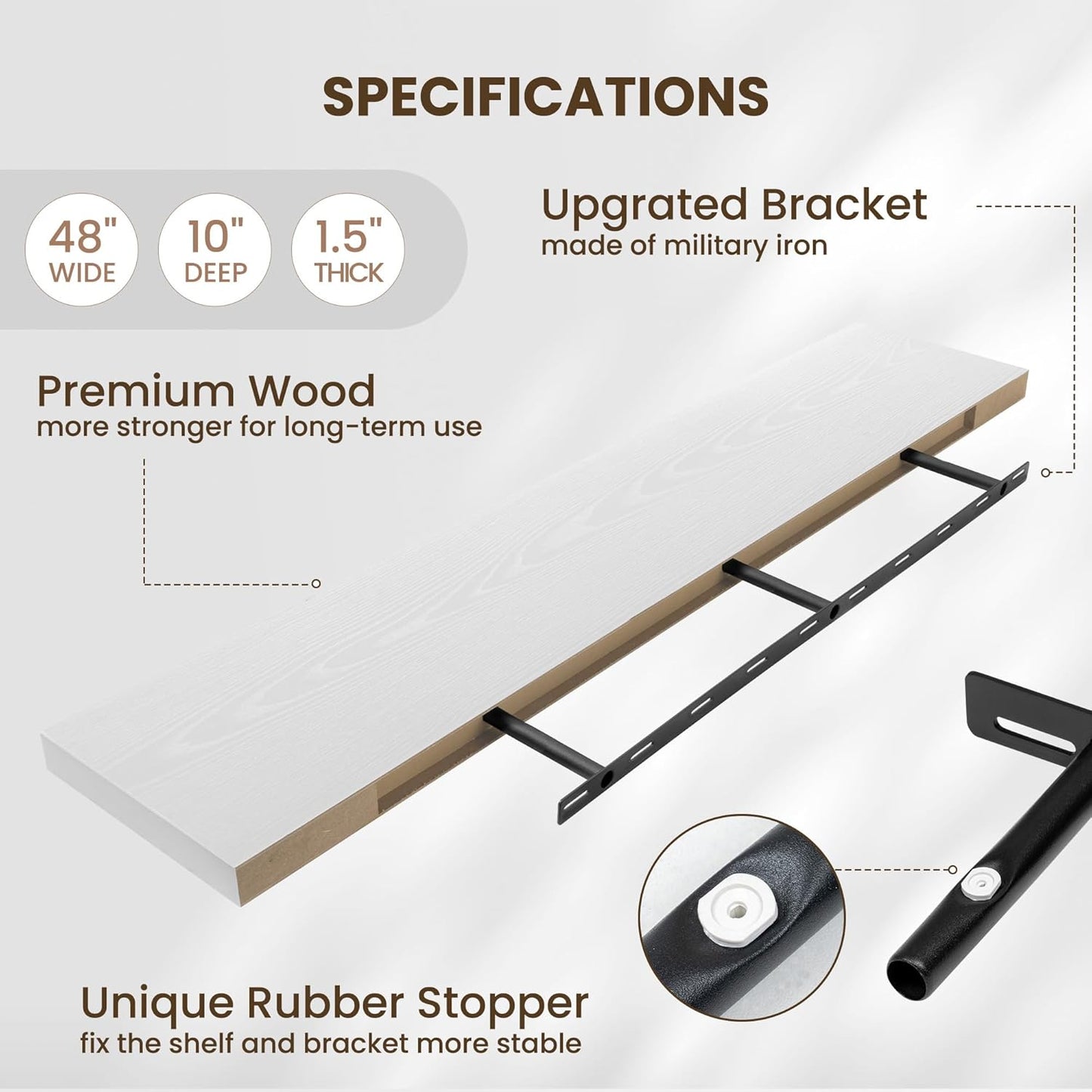 Fun Memories 10 Inch Deep Shelves, Floating Shelves for Wall 48 Inches Long, Wood Floating Shelves for Wall, Large Storage Shelves Wall Mount for Living Room Bedroom, White, Set of 1