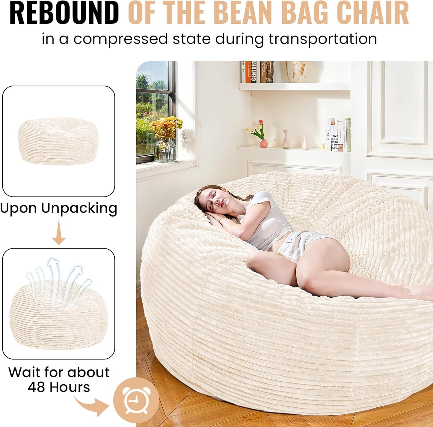 Large Bean Bag Chair, 6FT Giant Beanbag Chairs with Memory Foam Filled, Bean Bag Chairs for Adults, Ultra Soft Lazy Sofa for Living Room Bedroom (White)