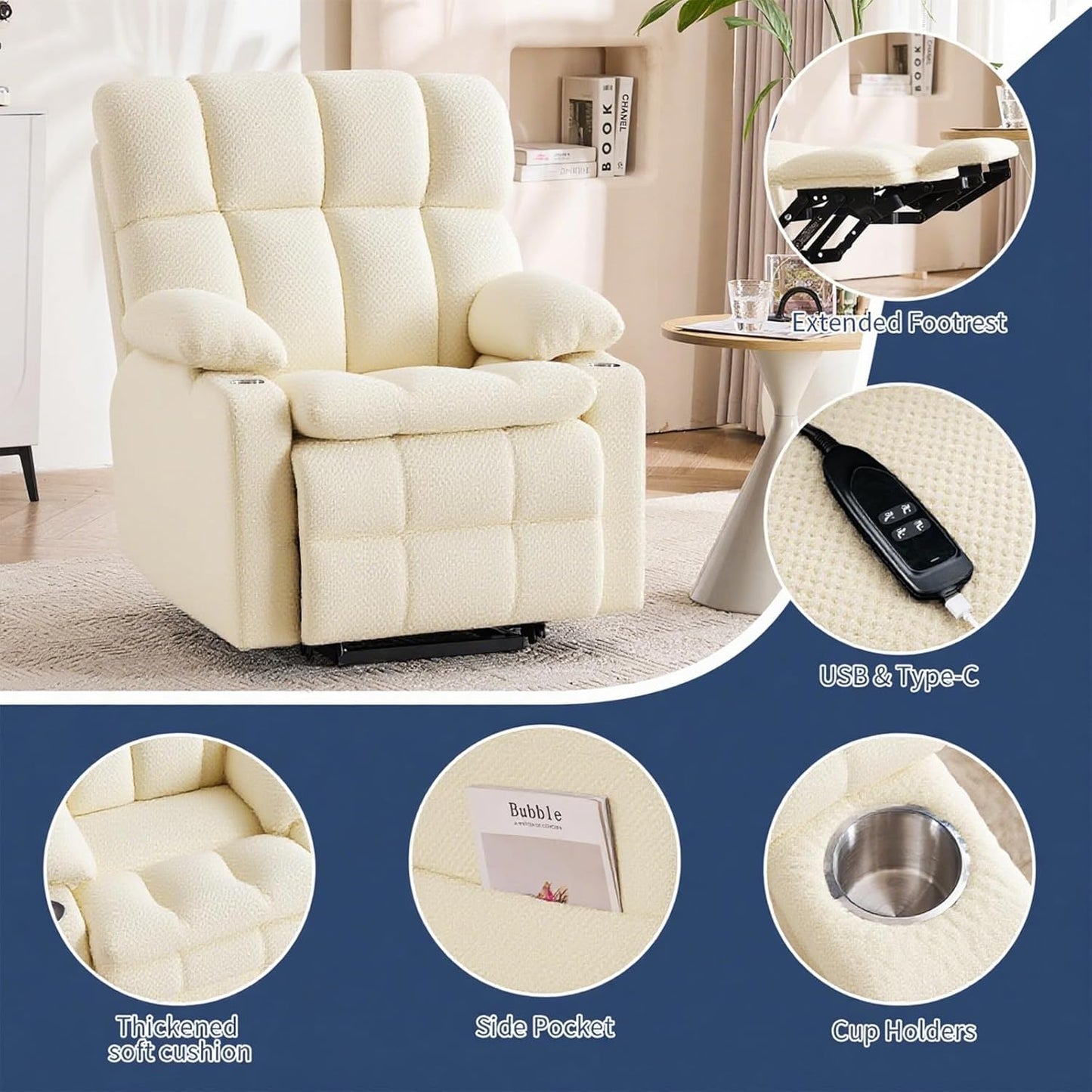 Dual Motor Power Lift Recliner Chair for Elderly,Infinite Position, Lay Flat Recliner with Massage and Heat, Adjustable Headrest, USB&Type-C,Cup Holders,Zero Gravity, Beige