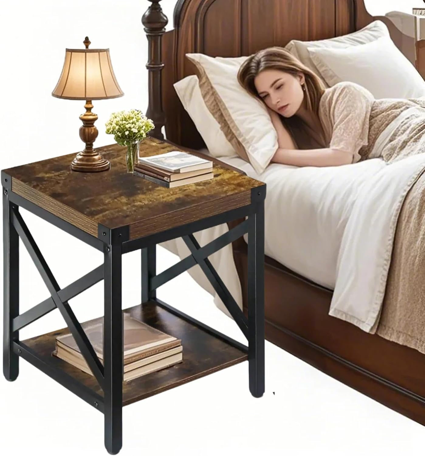 End Table Large Side Table for Living Room, Rustic Farmhouse End Tables with 2-Tier Storage, Square Nightstand Bedside Table X-Design Metal Frame, Brown (Wind, Brown)