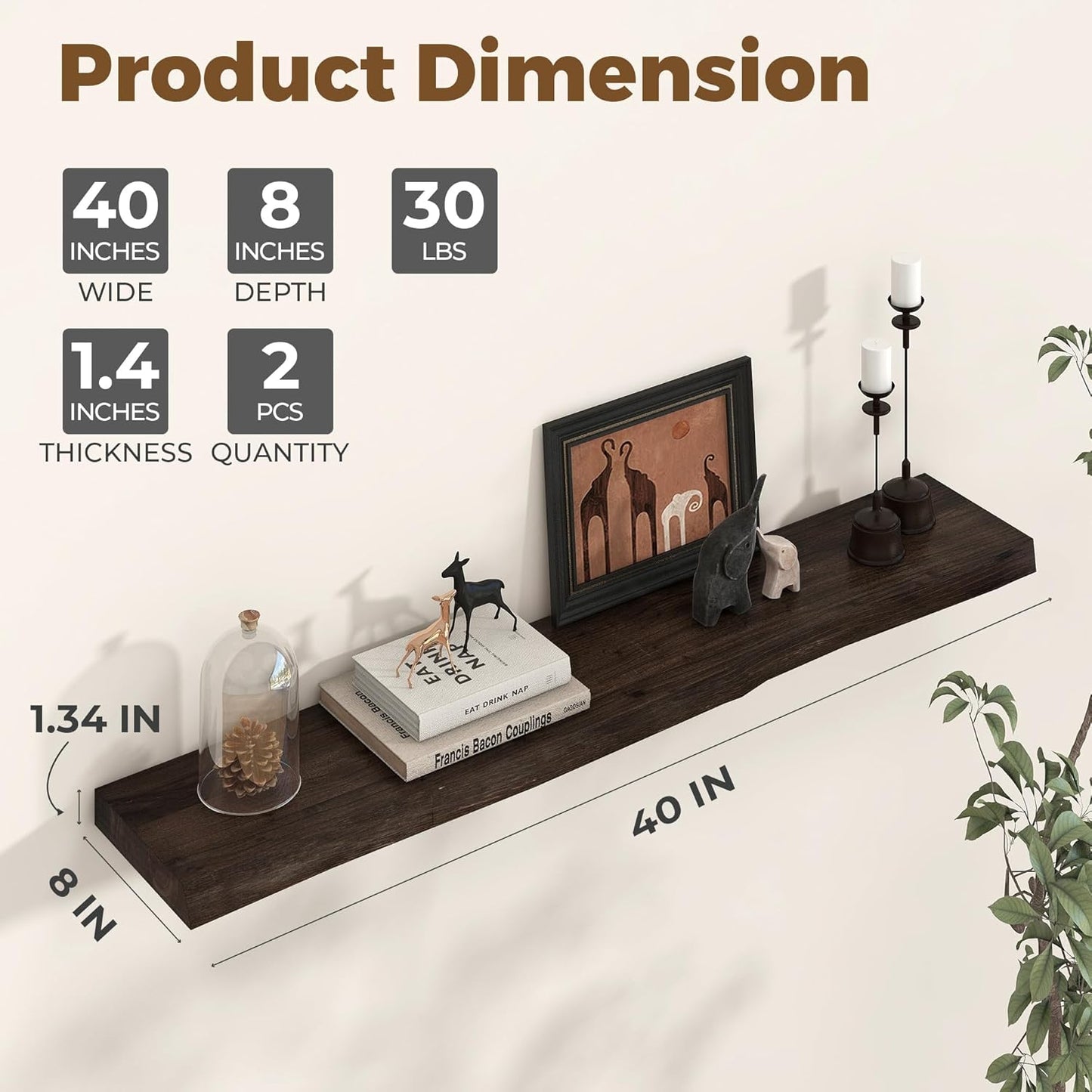Axeman 40 inch Floating Shelves for Wall - 8'' D Live Edge Rustic Solid Elm Wood Floating Shelves Wall Mounted, Wall Shelves with Invisible Bracket for Living Room Bedroom Kitchen, Set of 1 Walnut